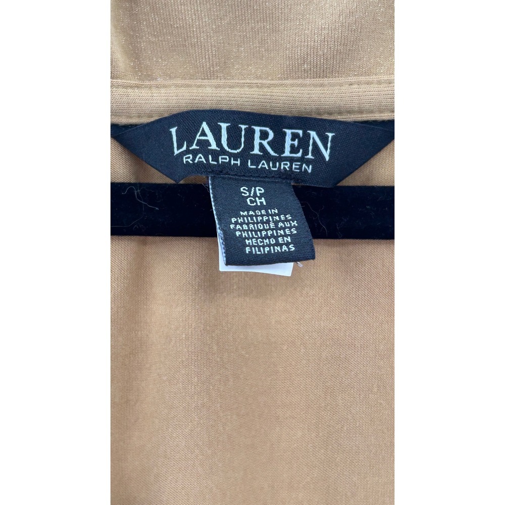 Lauren Ralph Lauren Ruched Faux Wrap Top Camel Tan 3/4 Sleeve Size Small - Picture 3 of 8